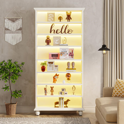 Tribesigns 69-Inch LED-Illuminated 9-Tier Modern Bookcase with Solid Wood Legs - White - WoodArtSupply