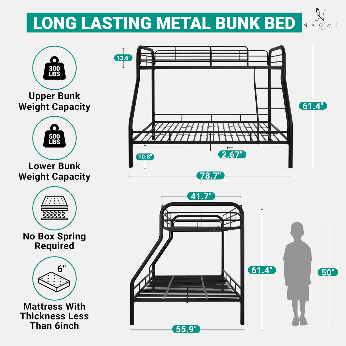Hollywood Bunk Beds Twin Over Full Size, Heavy Duty Metal Bunk Bed with Safety Guardrails, Angled Ladder, Underbed Storage, 800LBs capacity - for Kids and Teens, Twin over Full Bunk Bed, Black Naomi Home