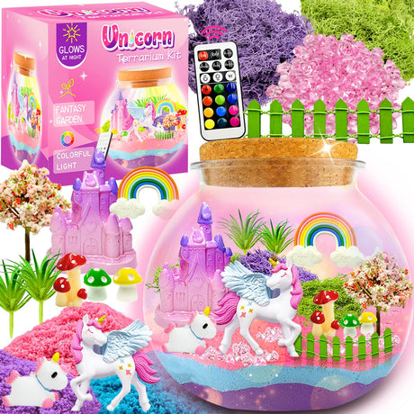 Unicorn Terrarium Kit for Kids, Unicorn Toys for Girls Age 4-6, Arts and Crafts Birthday Gift for Kids Ages 4 5 6 7 8 9 10 Year Old, Unicorn Academy Toys with Remote LED Night Light Swaitee