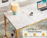 ODK Computer Desk Large Office Desk, 63 Inch Gaming Desk with Storage, Modern PC Desk Work Table with Headphone Hook for Home Office, Splice Board, White Marble + Gold Leg ODK