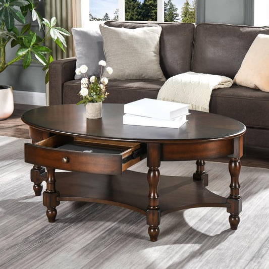 MODERION Coffee Table with Drawer, Solid Wood Oval Center Table with Storage Shelf, Traditional Living Room Table with Elegant Vintage Style, Easy Assembly, 45” x 27.6” x 18.2” Retro Walnut K - WoodArtSupply