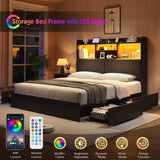 LUXOAK Full Farmhouse Bed Frame with Bookcase Headboard and 4 Drawers, LED Storage Bed with Charging Station & Linen Upholstered, No Box Spring Needed, Black LUXOAK