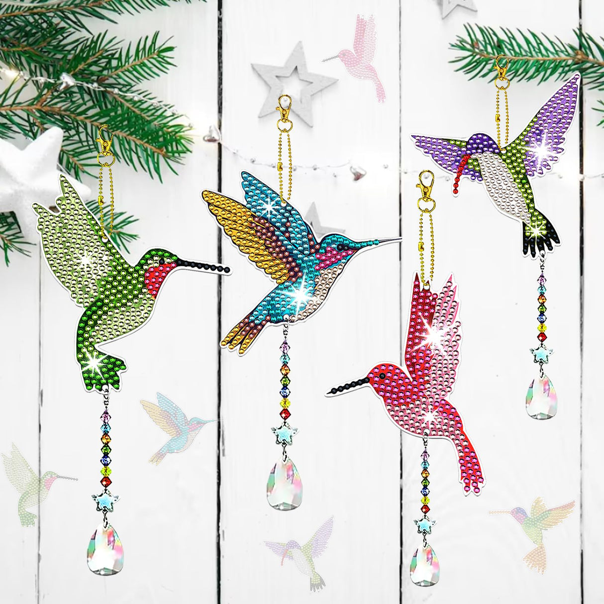 JeCuiK 6 Pcs Diamond Painting Wind Chimes Rhinestone Hummingbird Diamond Art Suncatcher Double Sided 5D DIY Diamond Painting Kits for Adults Christmas Ornament Best Gifts for Mom JeCuiK