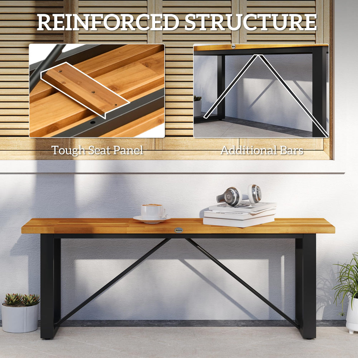 Outsunny Outdoor Bench, Acacia Wood Patio Garden Bench, 47" 2-Person Backless Patio Loveseat with Slatted Seat and Metal Frame, Weather/Corrosion Resistant for Outside, Front Porch, Park, Teak Outsunny