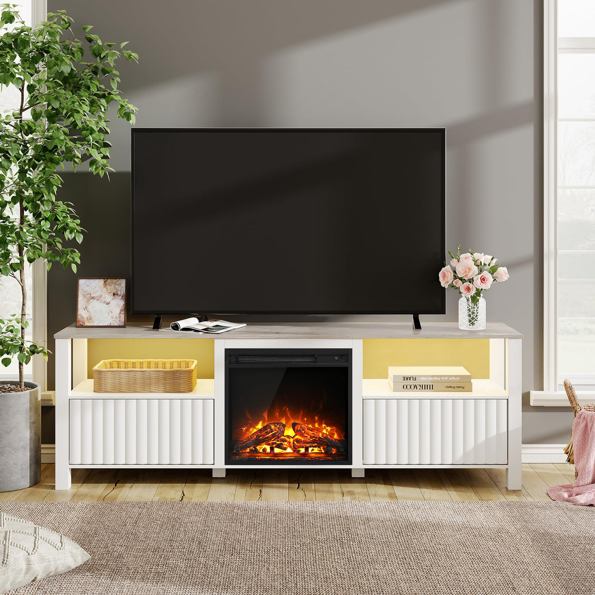 WAMPAT Fireplace TV Stand for 75 Inch TV, White Entertainment Center with LED Light, Modern TV Console Table for 80/70/65 inch TV with 4 Storages for Living Room, 70 Inch WAMPAT