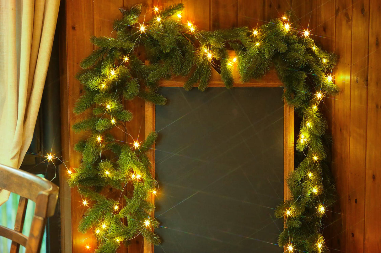 6FT Christmas Garland PARTY JOY Pine Garland with 9.8FT LED Lights String, Greenery Plant for Christmas Decorations Table Mantle Background Wall Room Outdoor Indoor Winter Decoration PARTY JOY