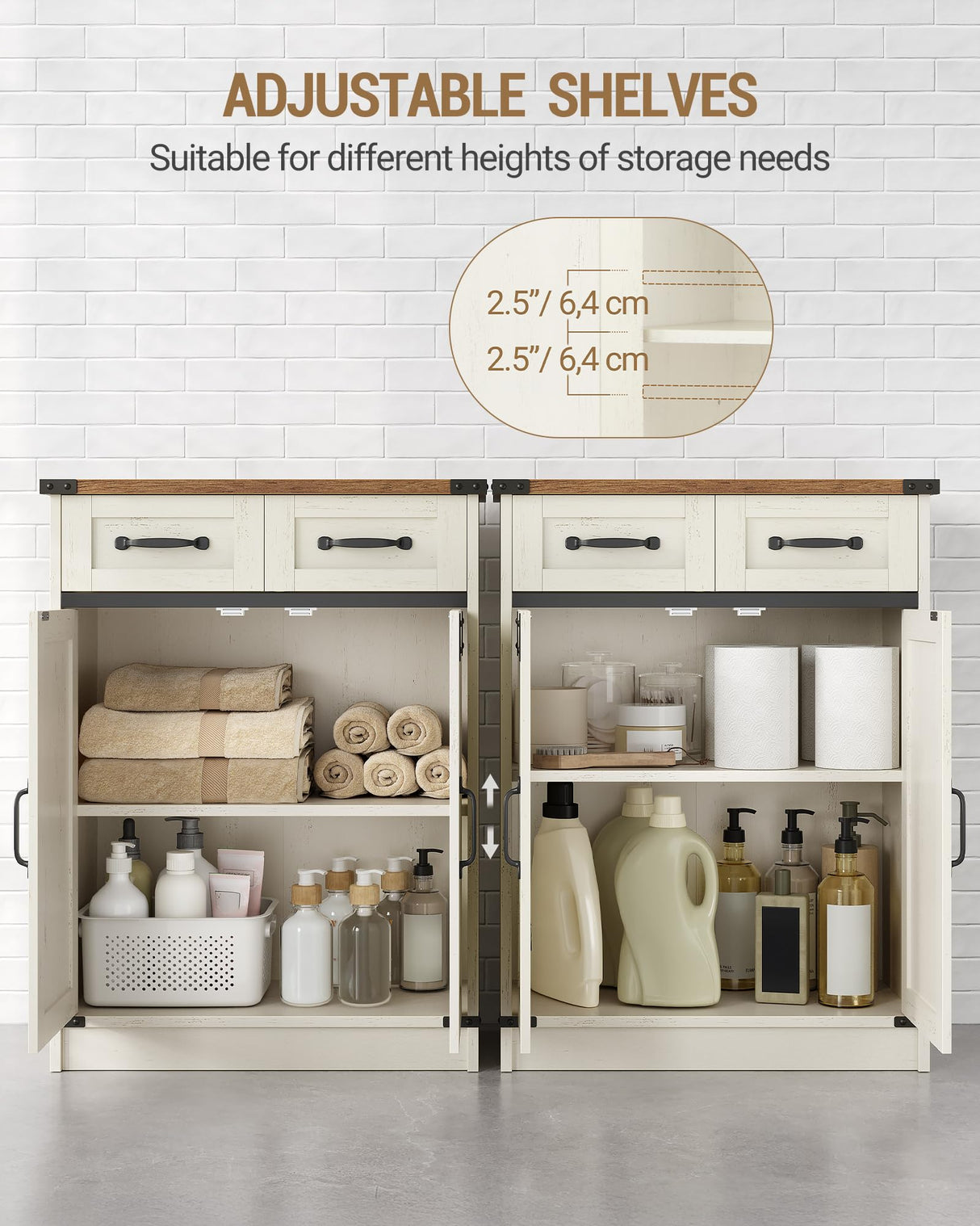 Bathroom Storage Cabinet, Freestanding Bathroom Floor Cabinet with Drawers & Doors, Farmhouse Buffet Cabinets with Adjustable Shelf, for Kitchen, Living Room, Entryway, White Brown SC62414X Hzuaneri