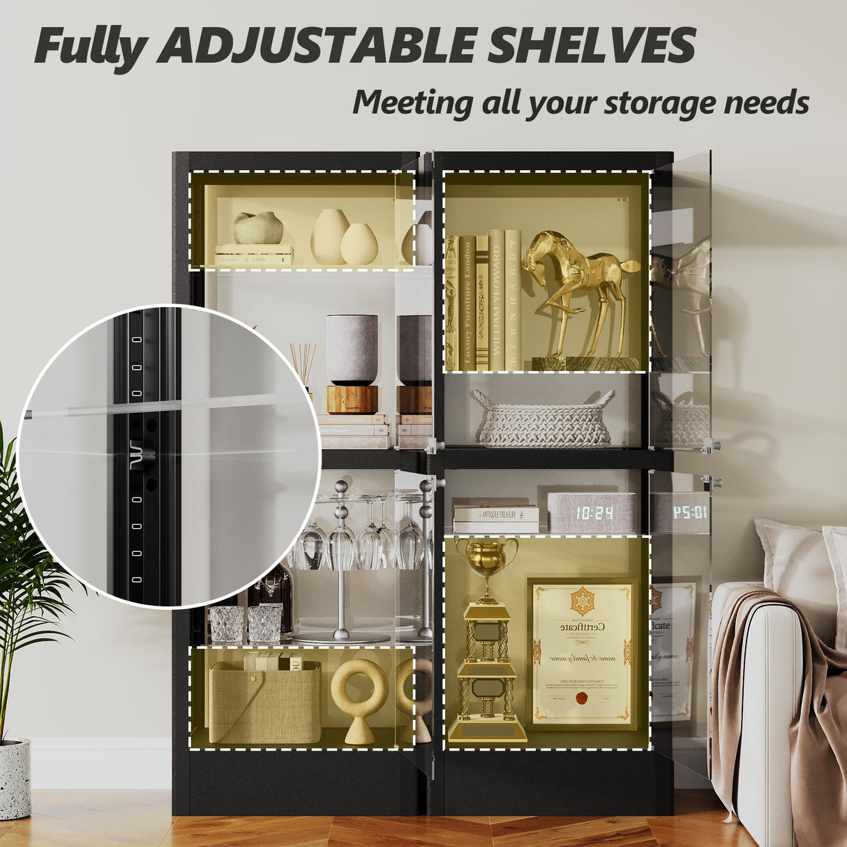 Lucky Monet Glass Display Cabinet with 13 Color LED Lights and Lock, 4-Tier Lighted Curio Cabinet with Doors & Adjustable Shelves, Glass Display Case for Collectibles Liquor - 23.6" Wide Black Lucky Monet