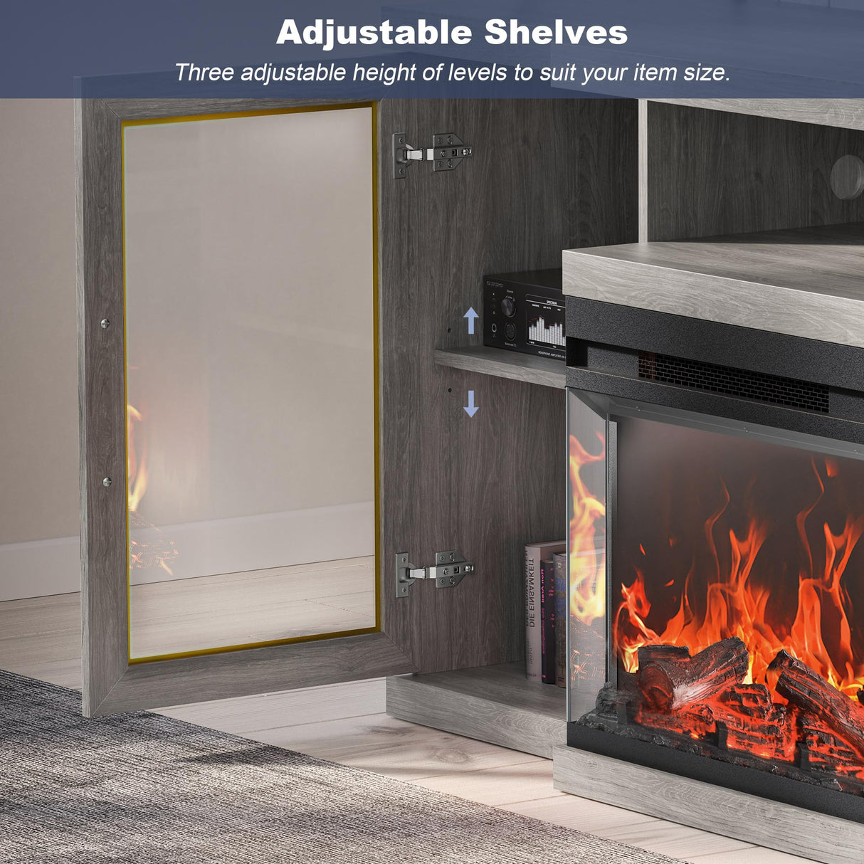 BELLEZE 57" TV Stand with 23" Electric Fireplace Heater with Sound, Entertainment Center for TVs Up to 65", Glass Door Storage Cabinet with 3-Side Glass Display Fireplace for Living Room, Bedroom-Grey BELLEZE