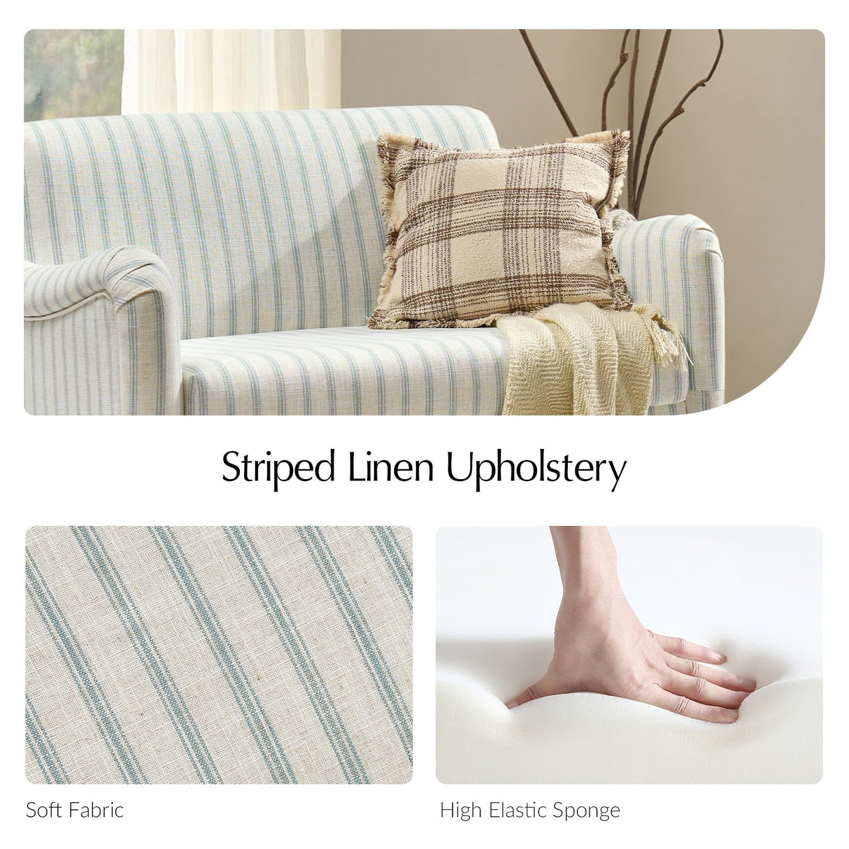 EcoHarbor Living 50.5" Mid-Century Modern Couch, Upholstered Sofa with Armrests, Stripe Mini Loveseat Couches for Small Space, Living Room, Bedroom, Office, Apartment, Blue EcoHarbor Living