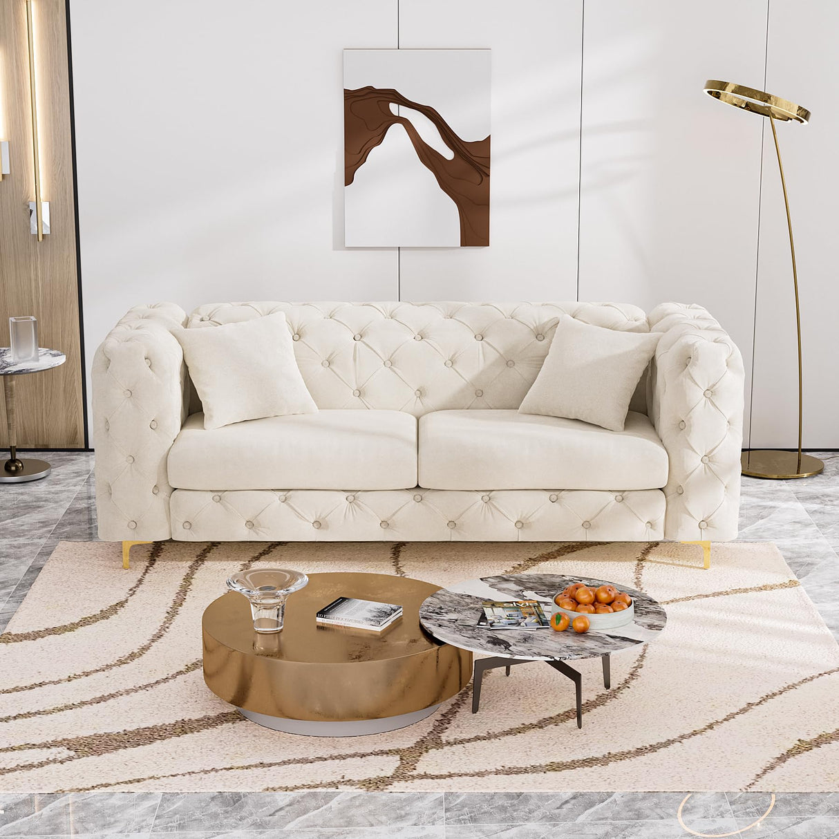 DAMAIFROM 75" Sofa Couch Mid Century Modern Velvet Couch Tufted Button Sofa High Armrest & Metal Gold Legs Luxury Chesterfield Decor with 2 Piilows Comfy Loveseat for Living Room, Beige White DAMAIFROM