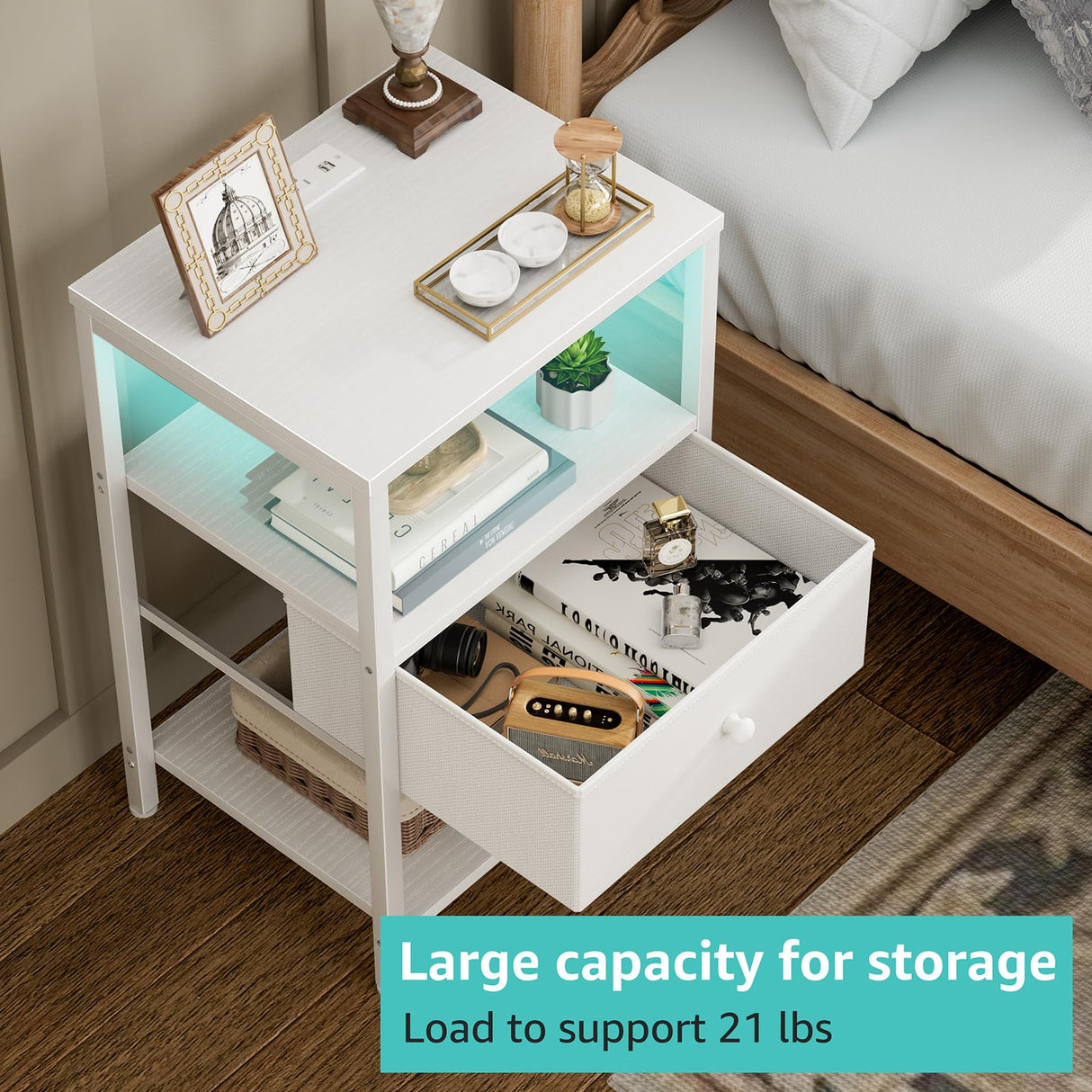 BOLUO White Nightstand with Charging Station, LED Night Stand with Fabric Drawers and Shelf, Bedside Table with USB Ports and Outlets, Bedroom Nightstand Modern BOLUO