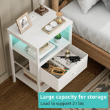 BOLUO White Nightstand with Charging Station, LED Night Stand with Fabric Drawers and Shelf, Bedside Table with USB Ports and Outlets, Bedroom Nightstand Modern BOLUO