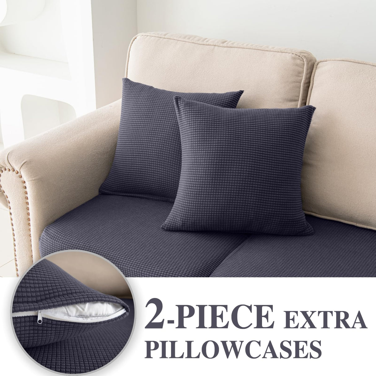 LA MEACK Couch Cushion Covers for Sectional Sofa L Shape Washable Separate Seat Chaise Couch Cover Stretch Sofa Slipcovers with 2 Pcs Pillowcases(2 Seater + 1 Chaise, Dark Grey) LA MEACK