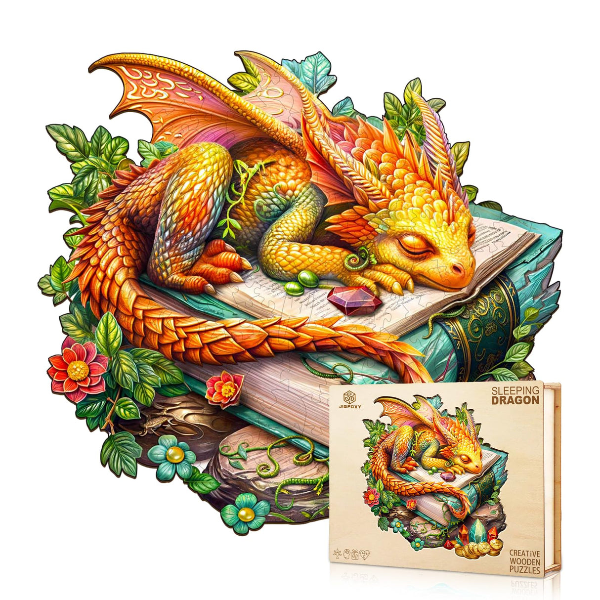 Jigfoxy Wooden Puzzle for Adults, Sleeping Dragon Wooden Jigsaw Puzzles for Adult, Unique Animal Shape Wood Cut Puzzles, Christmas Thanksgiving Gifts for Friends Family (M-11.4 * 10.9in-200pcs) Jigfoxy
