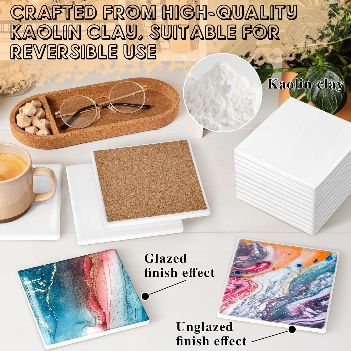 Ceramic Tiles for Crafts, GOH DODD 24 Pack Glossy Glazed Blanks White Coasters with Unglazed Side and 24 Cork Backing Pads for Alcohol Ink, Painting, Sublimation, Heat Transfer, Square, 4 Inch GOH DODD