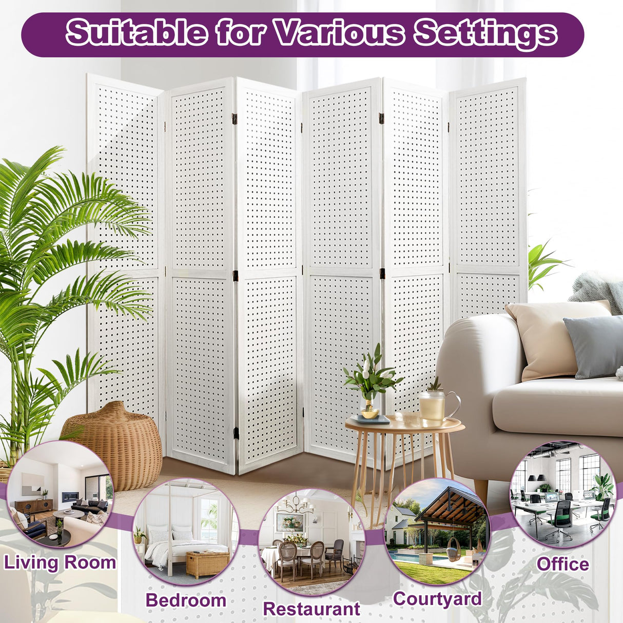 HIGREENA Room Divider 5.6FT Pegboard Display Wood Room Divider Panel 6 Panel Folding Room Divider Room Divider Screen Partition Room Dividers, White HIGREENA