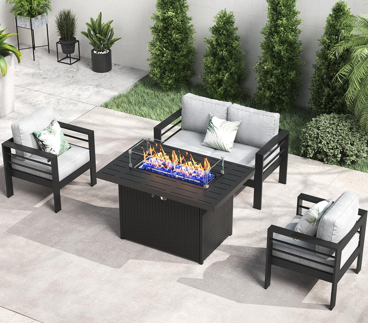 LayinSun Aluminum Furniture Set with Fire Pit Table, 4 Pieces Patio Sectional Conversation Chat Sofa Modern Seating Set LayinSun