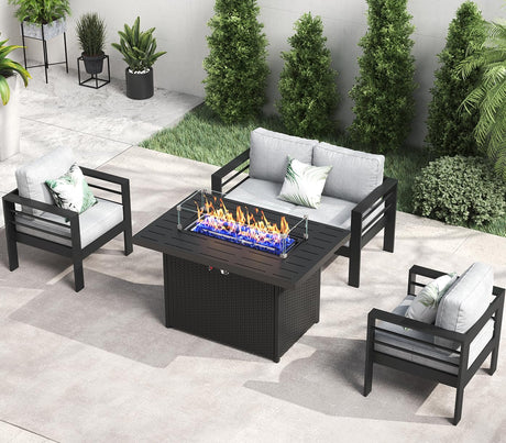 LayinSun Aluminum Furniture Set with Fire Pit Table, 4 Pieces Patio Sectional Conversation Chat Sofa Modern Seating Set LayinSun