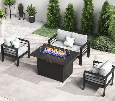 LayinSun Aluminum Furniture Set with Fire Pit Table, 4 Pieces Patio Sectional Conversation Chat Sofa Modern Seating Set