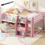 Bellemave Full Size Low Loft Bed,Kids Loft Bed with Storage Cabinets and Open Bookcase,No Box Spring Need, Solid Wood Low Loft Bed Frame for Kids Boys, Girls.(Pink) Bellemave