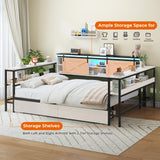 Hasuit Full Corner Bed with Drawers and Bookcase Storage Shelves, Full Daybed with Charging Station & LED Light, Farmhouse Wooden Bed Frame with Sliding Barn Doors, No Box Spring Needed, Black & White Hasuit