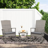 Valita 3 Piece Patio Rocking Chair Outdoor Rattan Bistro Set with Glass Top Table Conversation Set with Grey PE Wicker, Gray Cushion Valita