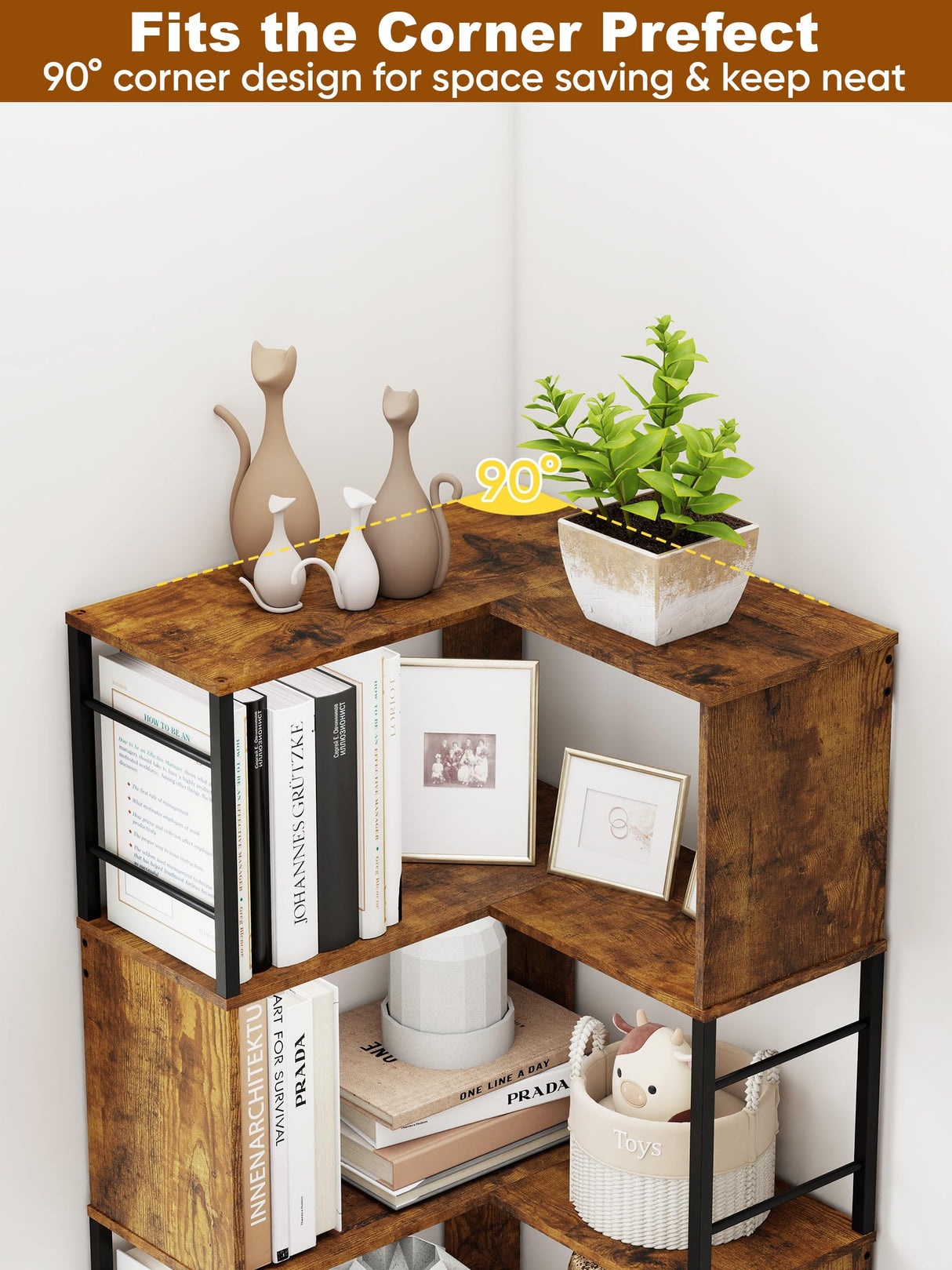 Qriocioa 7-Tier Corner Bookshelf 73.6 Inches Tall Corner Bookcase Industrial Wood and Metal L Shaped Bookshelf Large Storage Display Rack for Living Room, Home Office, Rustic Brown Qriocioa