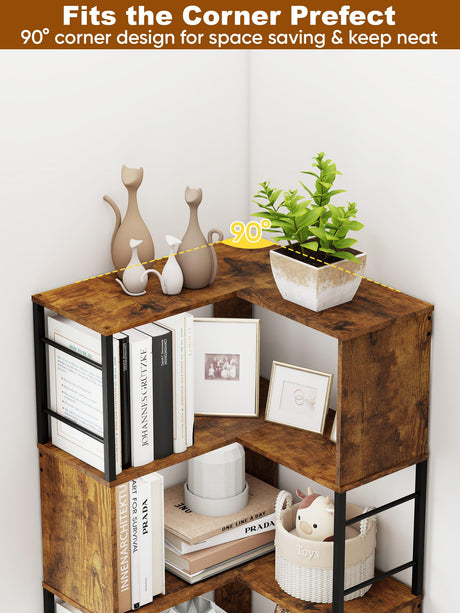 Qriocioa 7-Tier Corner Bookshelf 73.6 Inches Tall Corner Bookcase Industrial Wood and Metal L Shaped Bookshelf Large Storage Display Rack for Living Room, Home Office, Rustic Brown Qriocioa