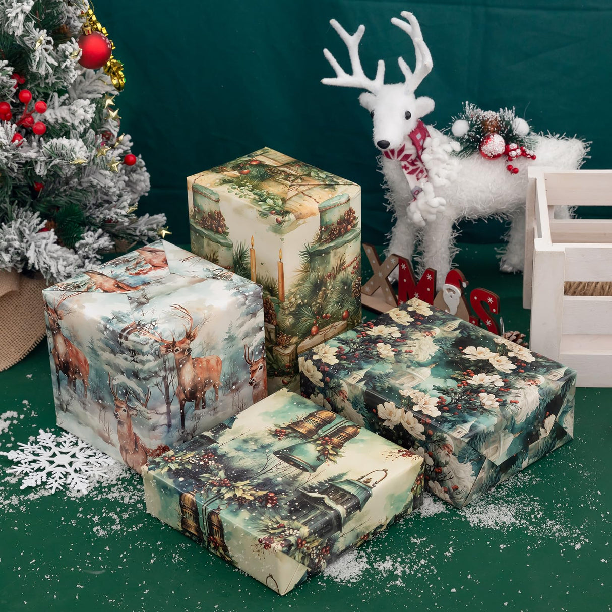 Vnaaem Watercolor Christmas Wrapping Paper 6 Style Reindeer Santa Forest and Flower Holiday Style Gift Wrap for Winter Party Vacation Baby Shower - 20 X 28 Inches 6 Folded Sheets Vnaaem