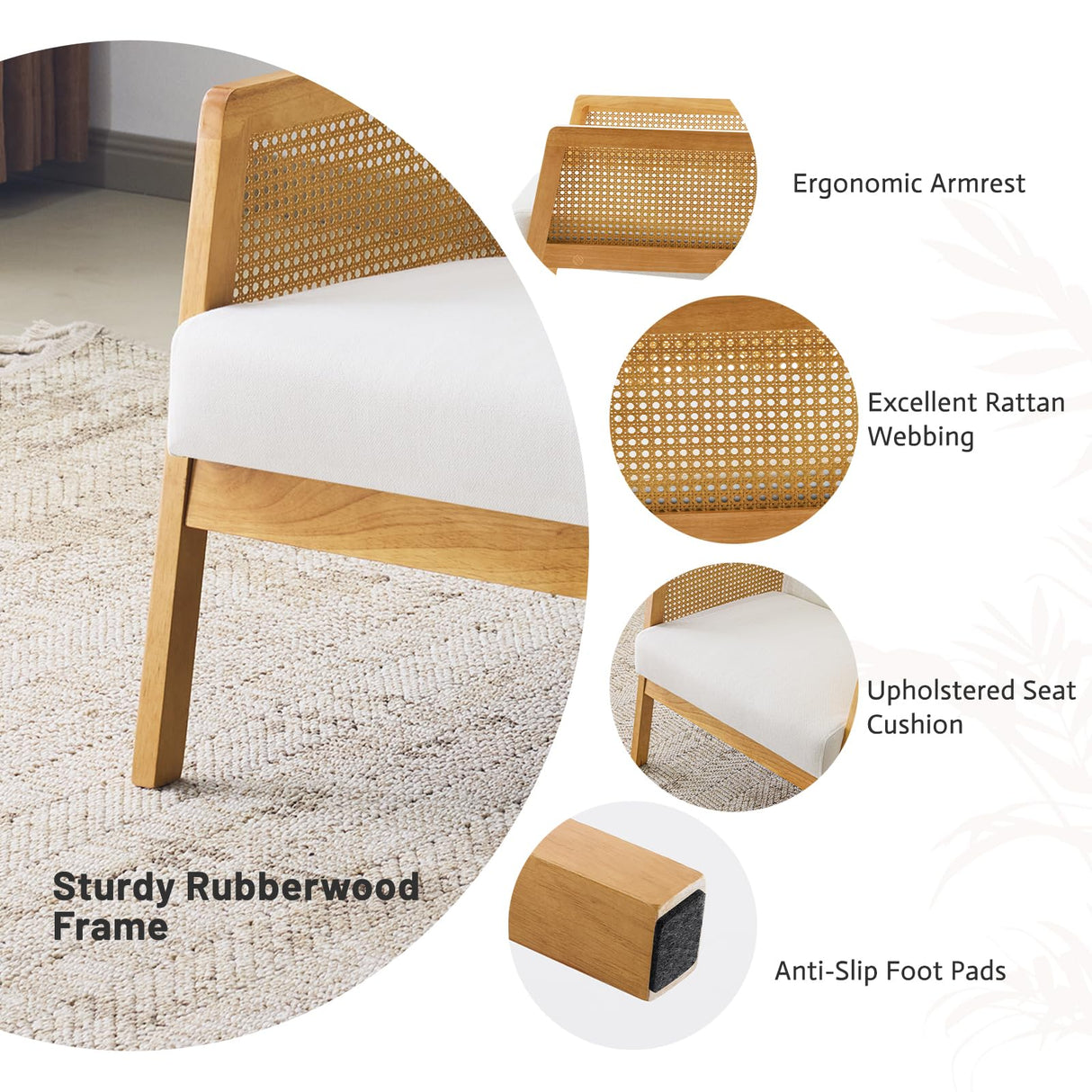 Linen Fabric Accent Chair for Living Room Set of 2, Rattan Webbing Reading Chair with Sturdy Wood Frame, Upholstered Lounge Armchairs for Bedroom, Indoor & Outdoor, Patio Furniture, Beige Furniliving