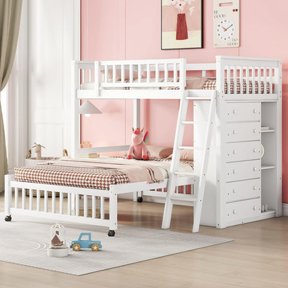 Harper & Bright Designs Twin Over Full Bunk Beds with Six Drawers and Flexible Shelves,Wooden Bunk Beds with Storage and Removable Bottom Bed for Kids Girls Boys,No Box Spring Needed (White)