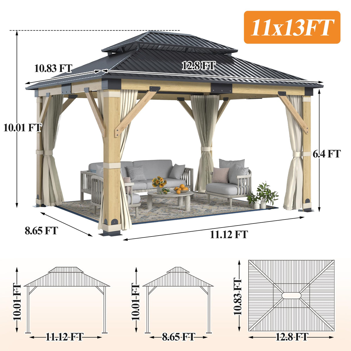GARTOO 11’x13’ Patio Wooden Gazebo, Galvanized Steel Roof Gazebo & Privacy Curtains and Netting, Double Vented Roof Hardtop Gazebo for Garden, Porch, Lawn, Poolside, Backyard, Deck GARTOO