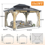 GARTOO 11’x13’ Patio Wooden Gazebo, Galvanized Steel Roof Gazebo & Privacy Curtains and Netting, Double Vented Roof Hardtop Gazebo for Garden, Porch, Lawn, Poolside, Backyard, Deck GARTOO
