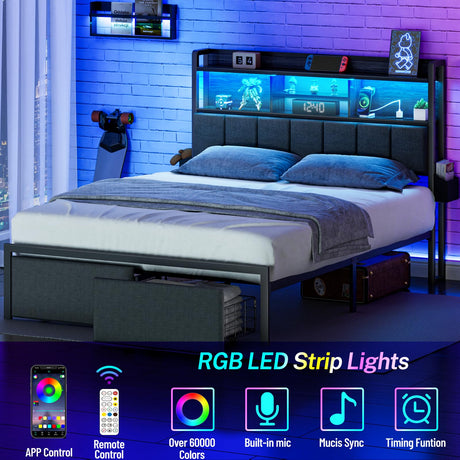 Furnulem Full Size Bed Frame with Headboard, Bed Frame Full Size with Storage Drawers, Charging Station and LED Lights, Metal Platform No Box Spring Needed, Upholstered Headboard, Noise Free, Black Furnulem