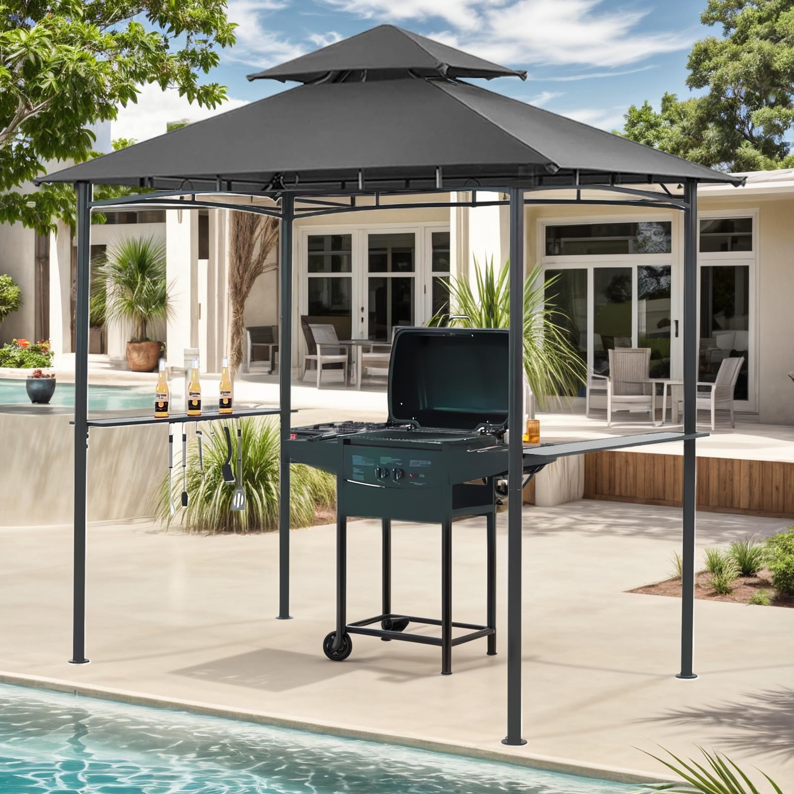 Grill Gazebo 2 Tier BBQ Barbecue Canopy Tent Shelter for Outdoor Patio Backyard (L96 x W60 x H101 Grey) - WoodArtSupply