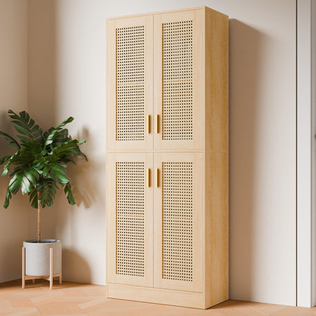 Cozy Castle 71" Pantry Cabinet, Freestanding Tall Storage Cabinet with Adjustable Shelves and Rattan Doors for Kitchen, Dining Room, Oak Cozy Castle