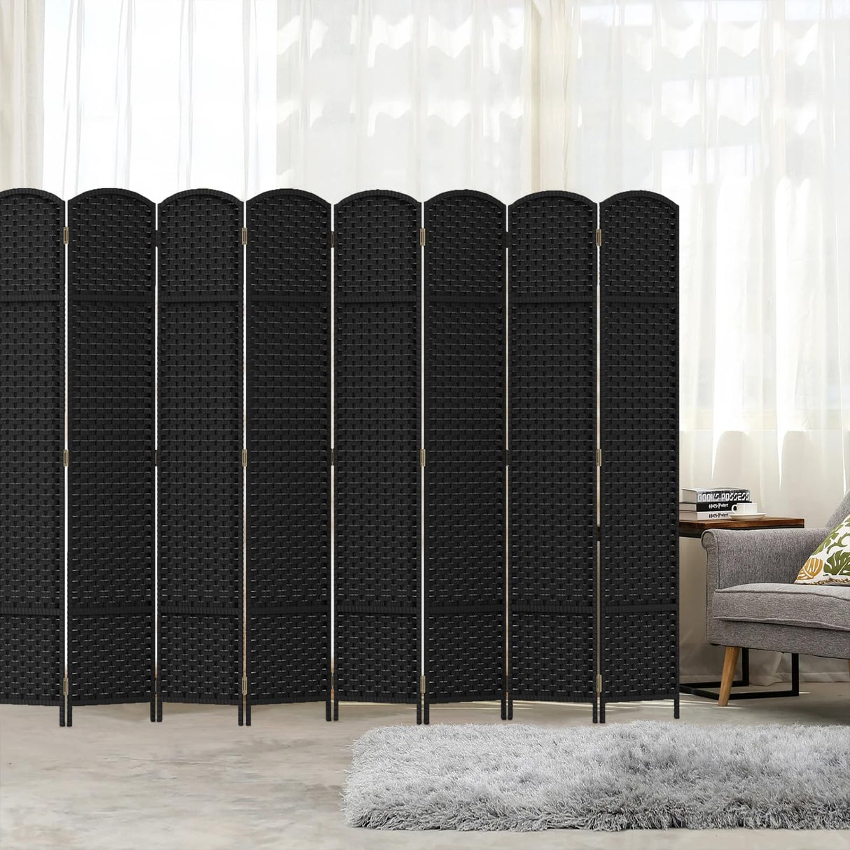 Room Divider 8 Panel Screen 5.6 Ft Tall Partition Room Dividers Black Privacy Screens Folding Room Separation Free Standing Waterproof Wood Frame Wall Divider FDW