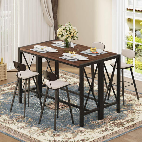 Rustic Oak BON AUGURE 55" Counter Height Bar Table - Tall Pub Console for Dining and Living Spaces BON AUGURE