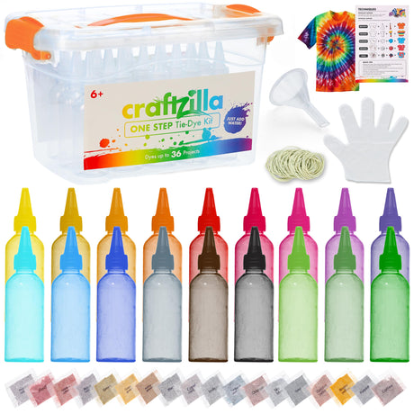 Tie Dye Kit for Kids & Adults, Pre-Filled Squeeze Bottles – Complete 18 Color DIY Kit for Creative Tie Dye Kits for Large Groups Bulk – Fabric Dyes for Clothing - Safe, Easy to Use for Kids & Adults Craftzilla