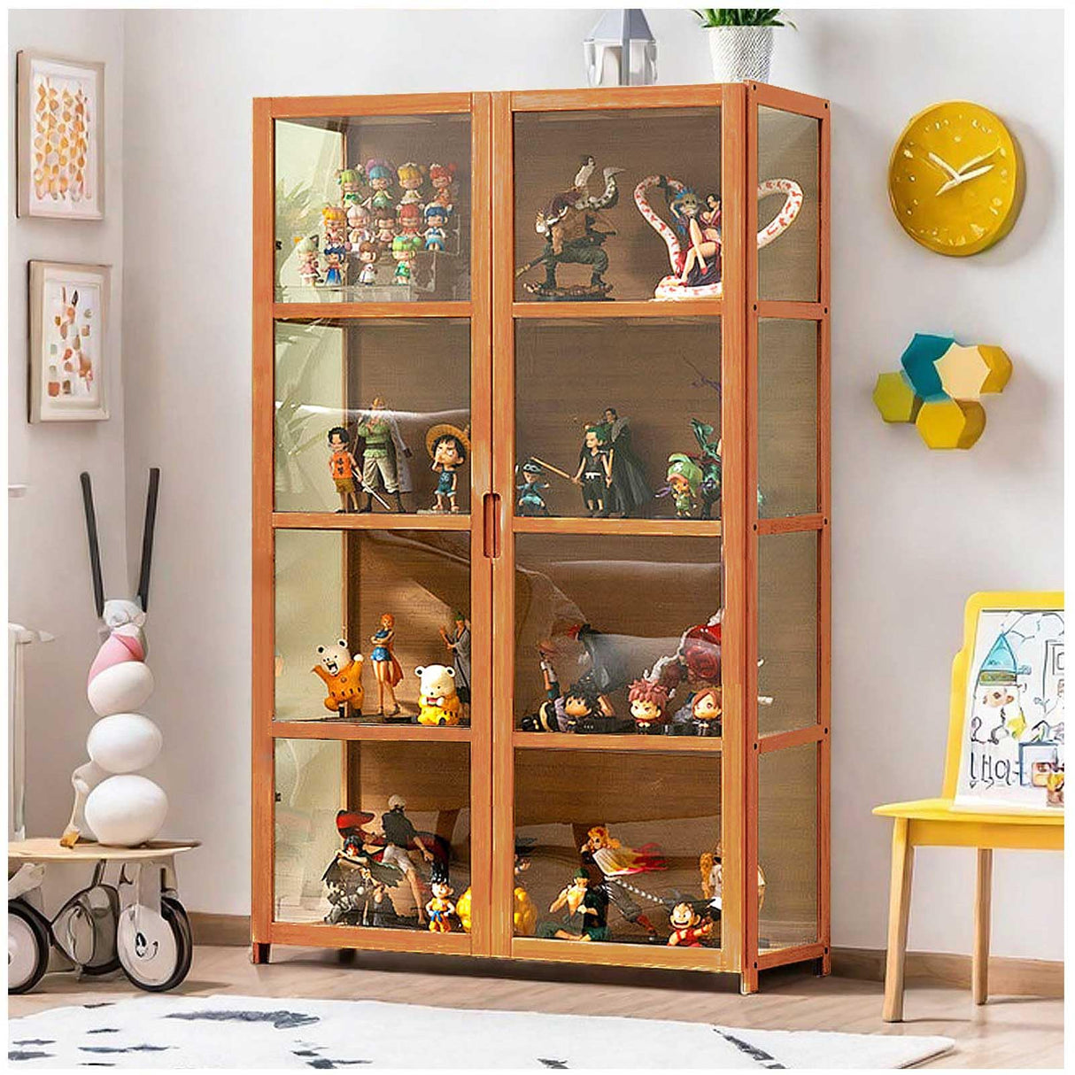 Curio Display Cabinet, 4-Tier Storage Shelves with Acrylic Double Door, Collectibles Toy Organizers Rack & Display Shelf, Bookshelf and Bookcase for Playroom, Bedroom,Wooden,130×82cm/51×32in Generic