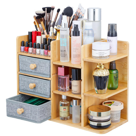 Makeup Organizer Countertop, Cosmetic Skincare Organizers With 3 Makeup Brush Holders/3 Drawers/7 Storage Shelves, Elegant Bamboo Make Up Storage Organizers Holder For Counter Vanity Dresser Bathroom X-cosrack
