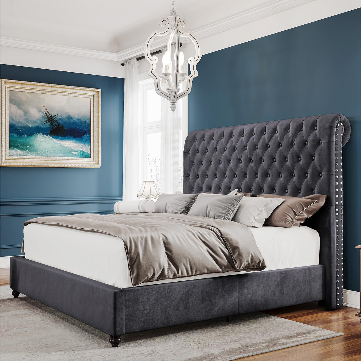 PaPaJet Bed Frame Queen Size Upholstered Platform Bed with 52.8'' Tall Sleigh Headboard, Button Tufted, No Box Spring Needed, Easy Assembly, Dark Grey PaPaJet