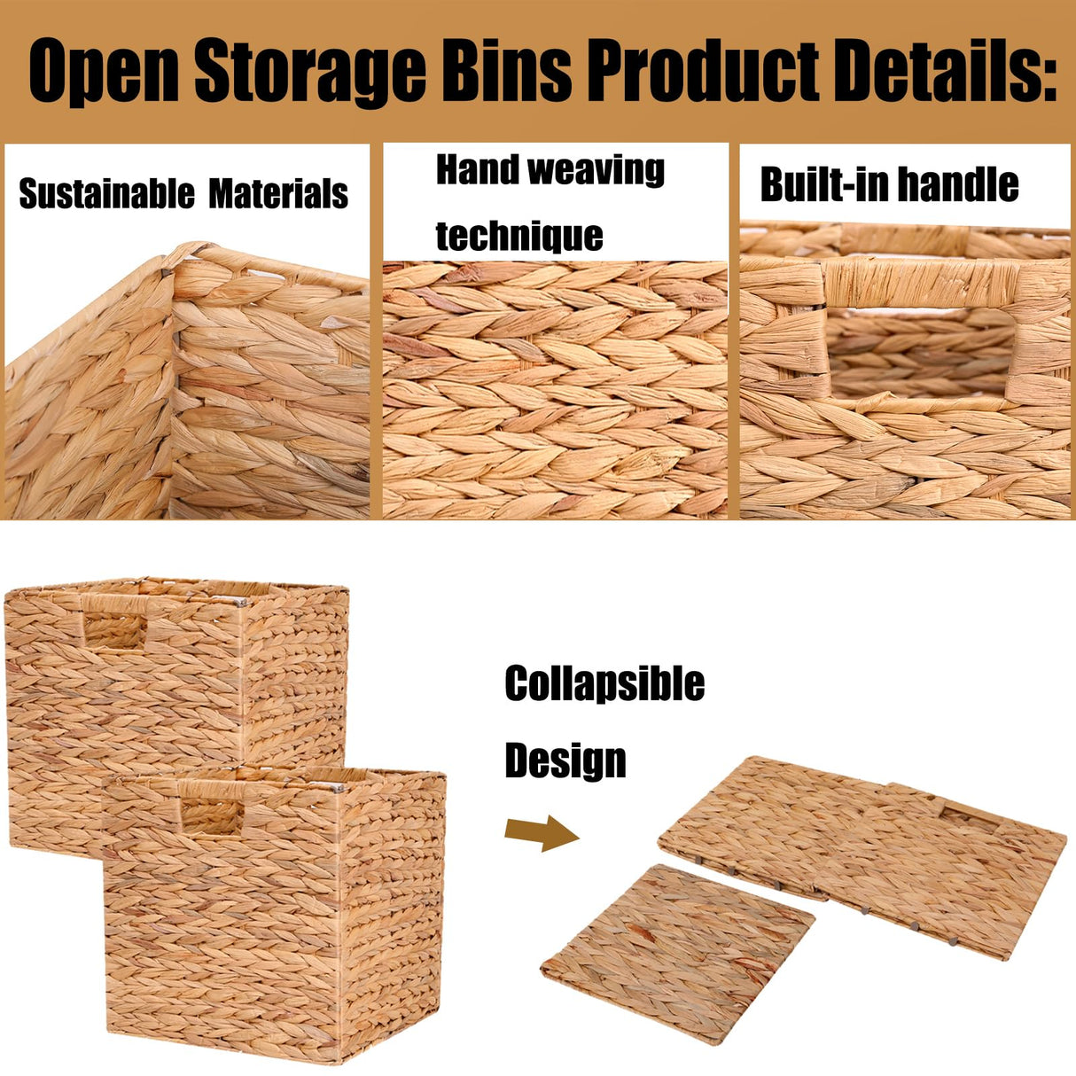 Wicker Storage Baskets Wicker Cube Baskets Foldable Hyacinth Storage Baskets,Rectangular Laundry Storage Bin,Square Basket for Shelves,Set of 2 Pcs,12 x 12 x 12in CXQCMUYE