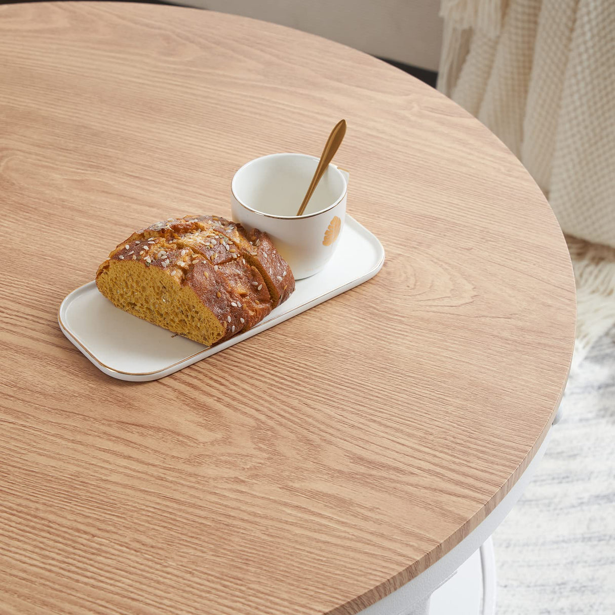 VINGLI 31.5" Natural White Round Farmhouse Coffee Table, 2-Tier Storage Wood Center Circle Accent Table for Living Room, Bedroom, Apartment, Studio and Small Spaces, Sturdy Metal Frame, Natural Color VINGLI