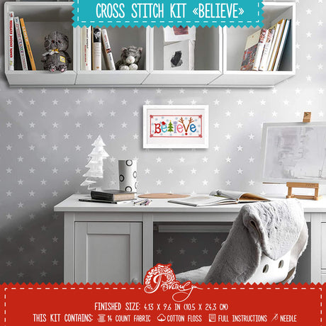 Counted Cross Stitch Kit 'Believe' - Embroidery Set for The Holidays, Encouragement, or Inspiring Everyday Possibilities with a Christmas Tree, Snowflake, Deer and Santa Hat Povitrulya
