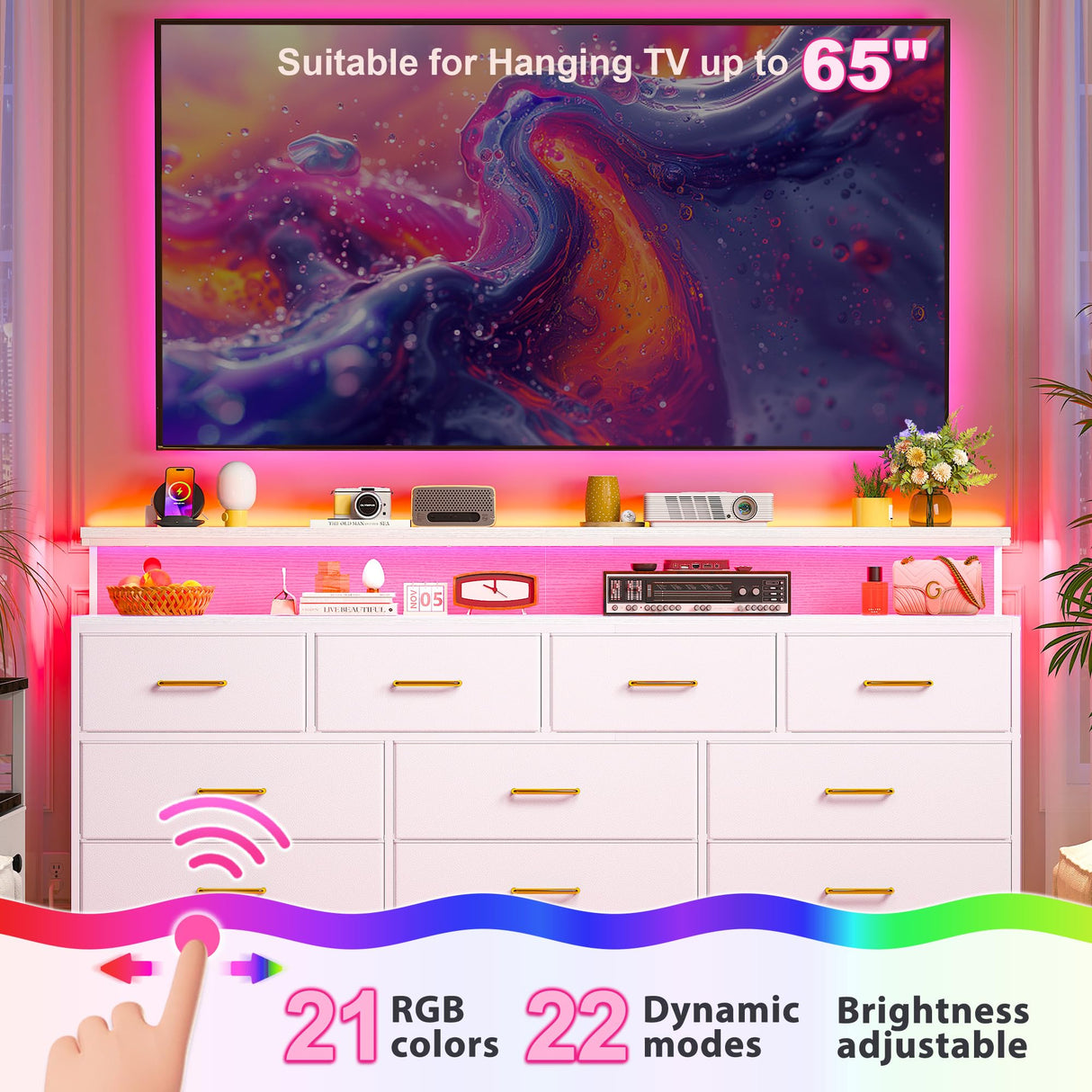 EnHomee 55" W White Dresser for Bedroom with 10 Drawers Long Dressers & Chests of Drawers with LED Lights & Power Outlets Large Dresser for Bedroom Dresser for Closet, Hallway, Metal Frame, White EnHomee