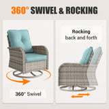 Muphyers 16-Piece Outdoor Patio Furniture Set with Rocking Swivel Chair, PE Wicker Rattan Sectional Sofa Patio Conversation Set with 55,000 BTU Fire Pit Table & Coffee Table, Light Blue Muphyers