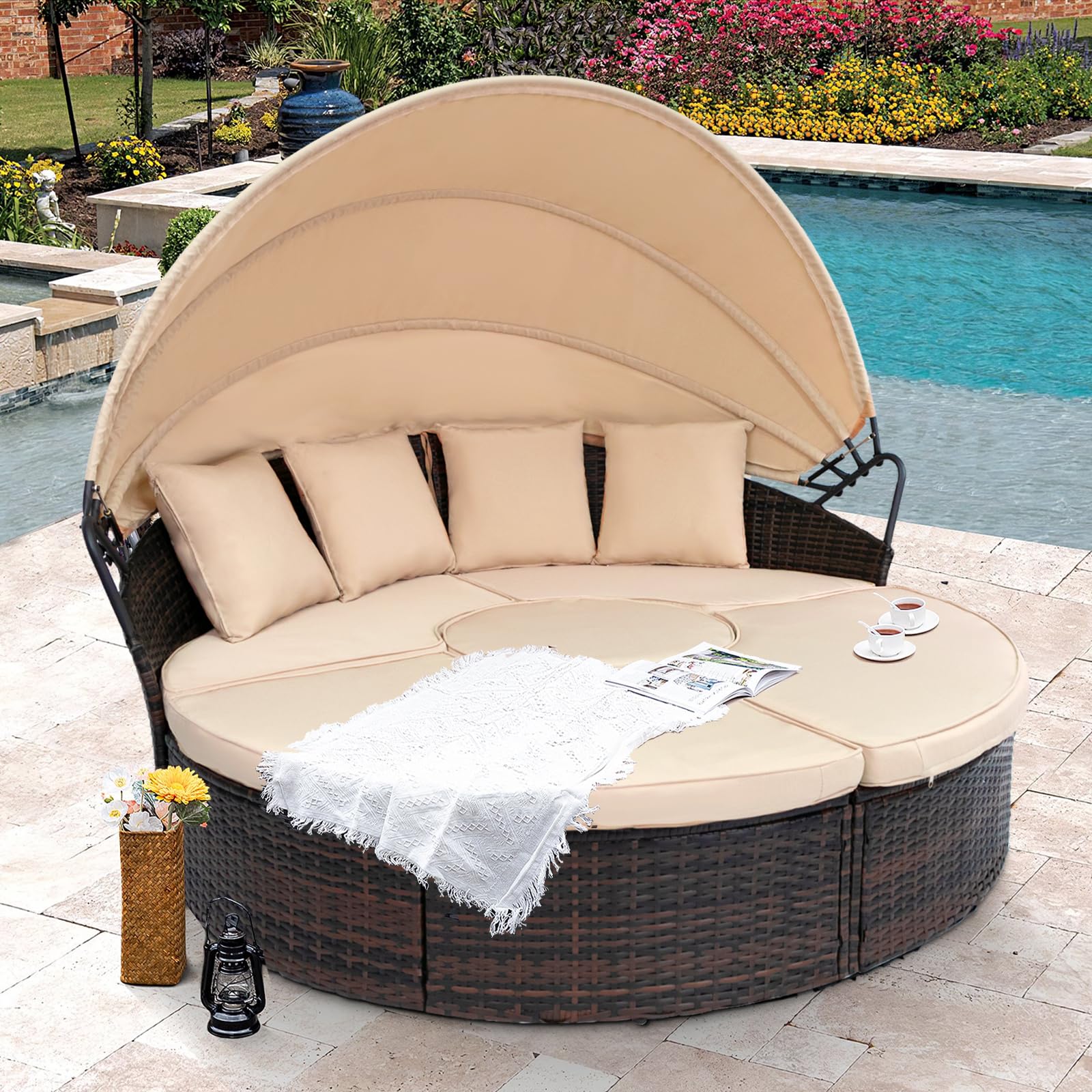 SUNCROWN Outdoor Patio Round Daybed with Retractable Canopy, Brown Wicker Furniture Sectional Couch with Washable Cushions, Backyard, Porch - WoodArtSupply