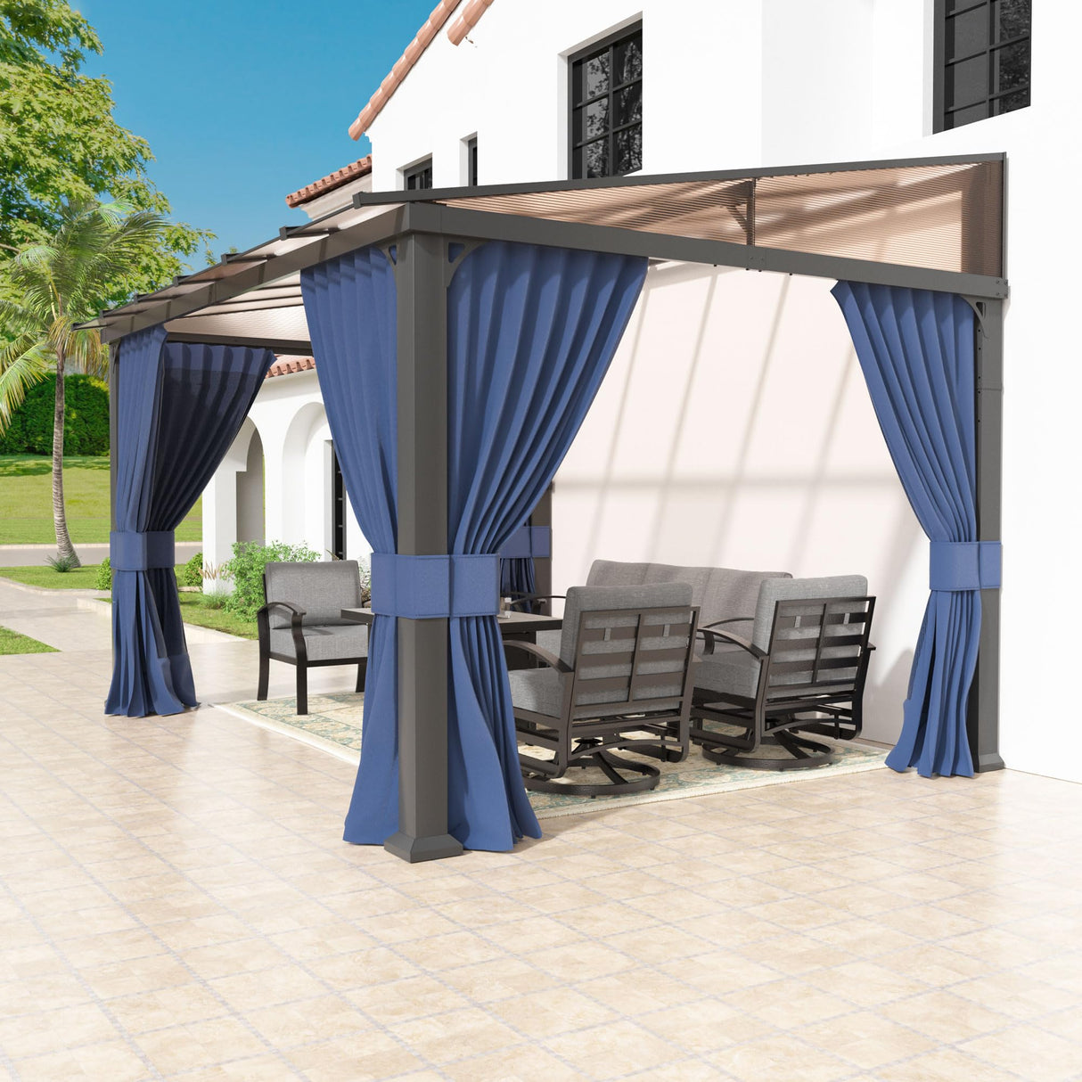 Kullavik 10' × 12' Hardtop Gazebo for Patio,Wall-Mounted Lean to Gazebo Pergola with Sloping Roof and Durable Aluminum Frame,Large Heavy Duty Awnings for Decks,Backyard,NavyBlue Kullavik